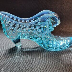 💥Vintage Fenton Blue Opalescent Hobnail Art Glass Cat Head Shoe Slipper Boot💥